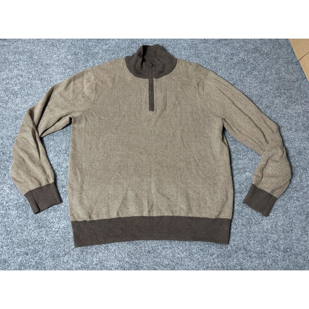 J.CREW Sweater Mens M Brown 1/4 Zip Mock Neck Cotton Herringbone Knit Pullover